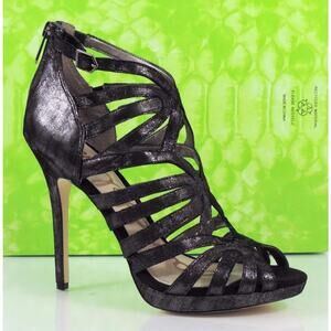 Sam Edelman Eve Size 8 Strappy Platform Dress Sandals Heels Zip Black Metallic